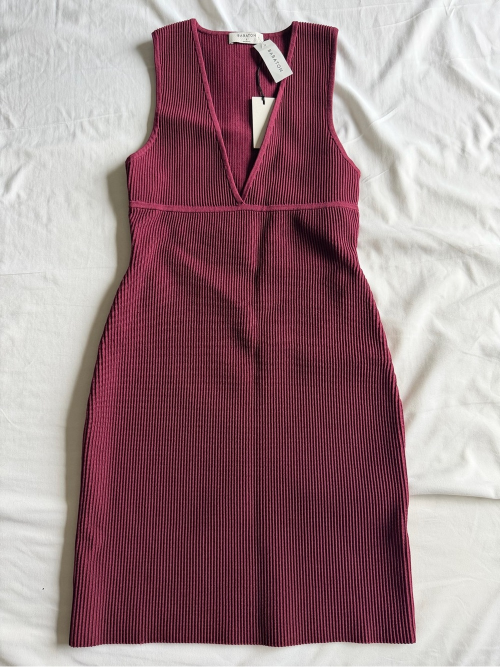 Babaton Ribbed V-Neck Midi Dress in Berry Plum